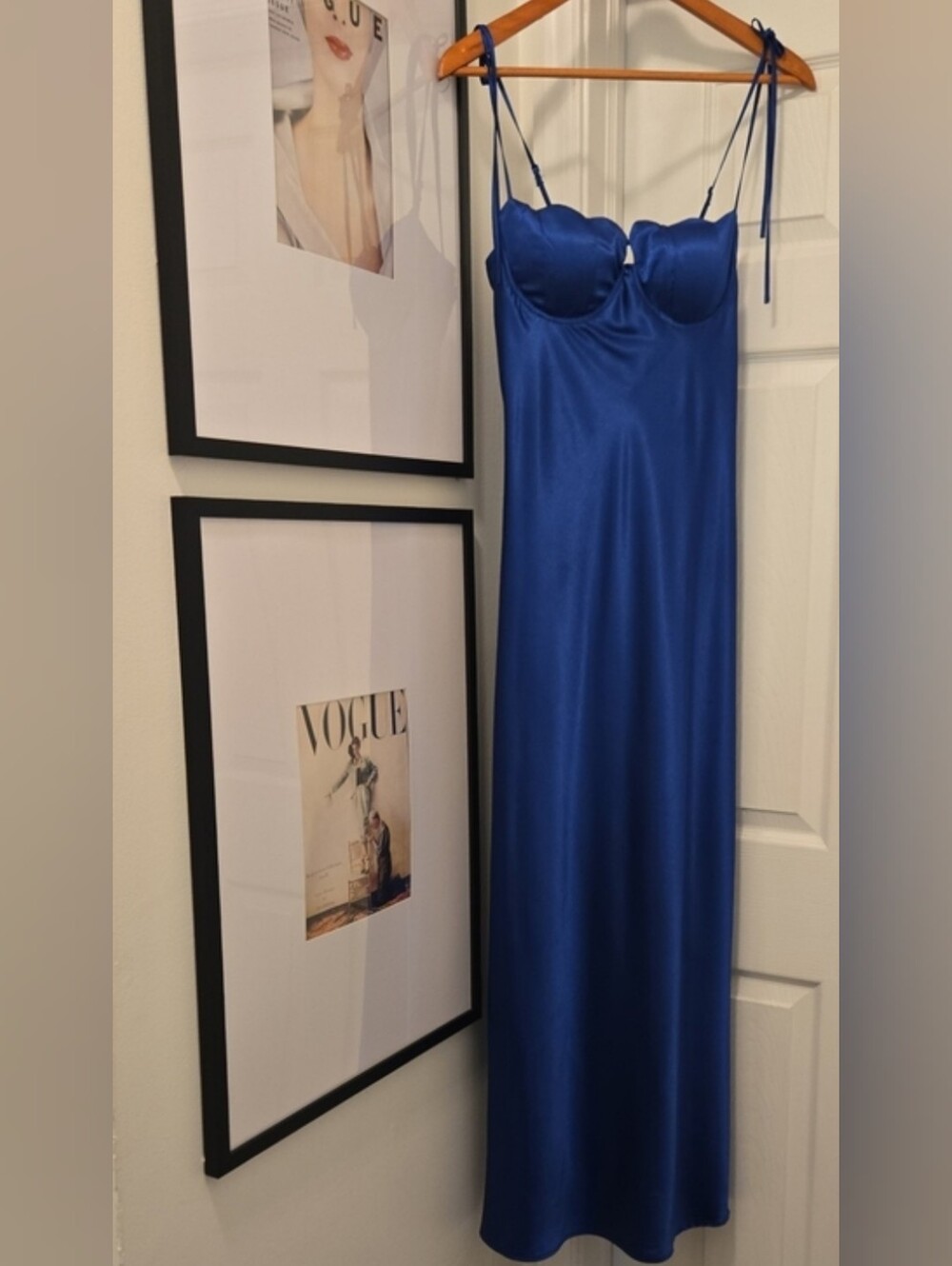 Thirty/Thirty LA Royal Blue Satin Seashell Slip Maxi Dress Bow Straps